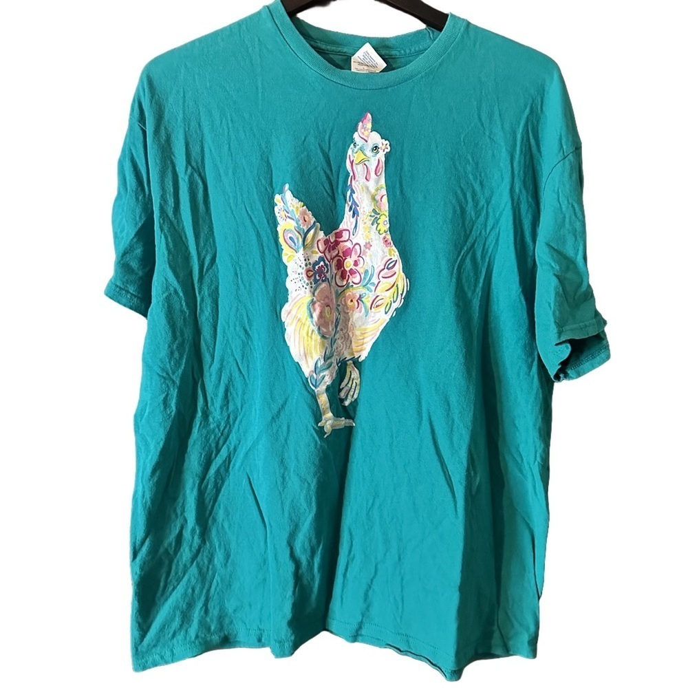 Unisex 2XL Delta Teal Floral Chicken Graphic T Shirt Short Sleeve Unique Tee